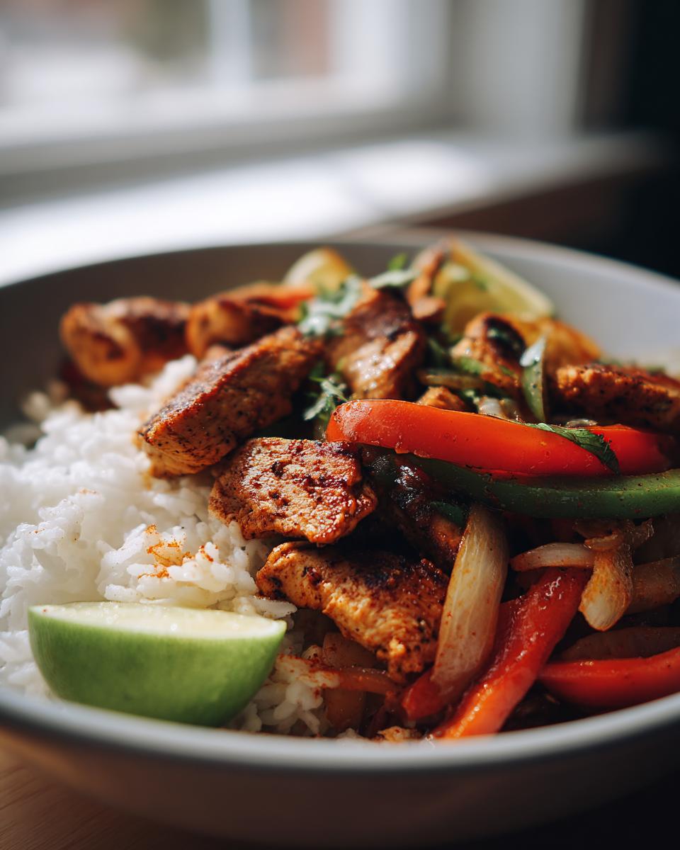 Amazing 42g Protein Chicken Fajita Meal Prep Bowls 5 A close-up of a high protein chicken fajita meal prep bowl with rice, seasoned chicken, bell peppers, onions, and a lime wedge.
