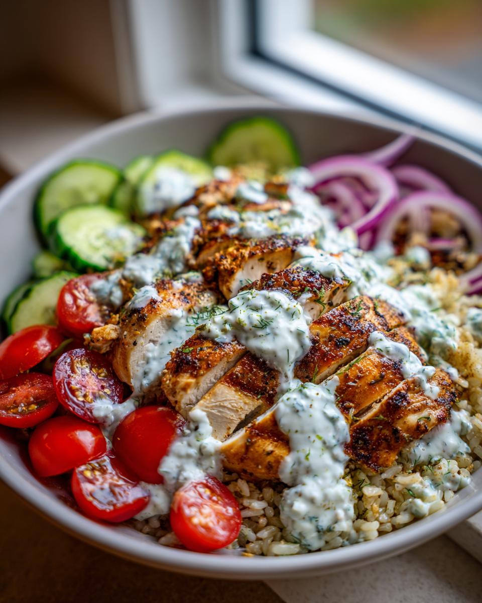 Amazing High Protein Greek Chicken Bowls 4 Close-up of a high protein Greek chicken bowl featuring sliced grilled chicken, rice, cherry tomatoes, cucumber, red onion, and a creamy dill sauce.