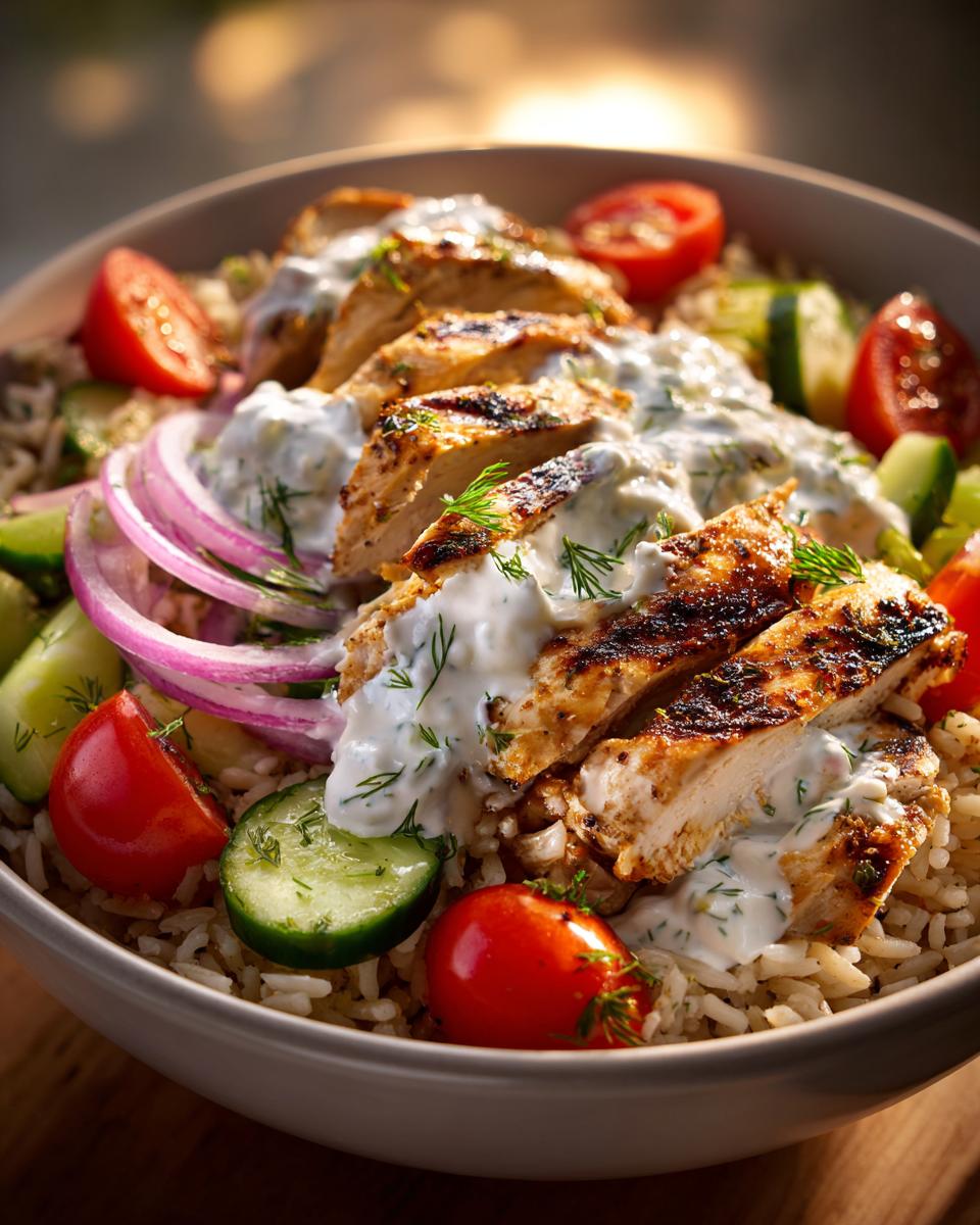 Amazing High Protein Greek Chicken Bowls 5 Close-up of a high protein Greek chicken bowl with grilled chicken, rice, cucumber, tomatoes, red onion, and tzatziki sauce.