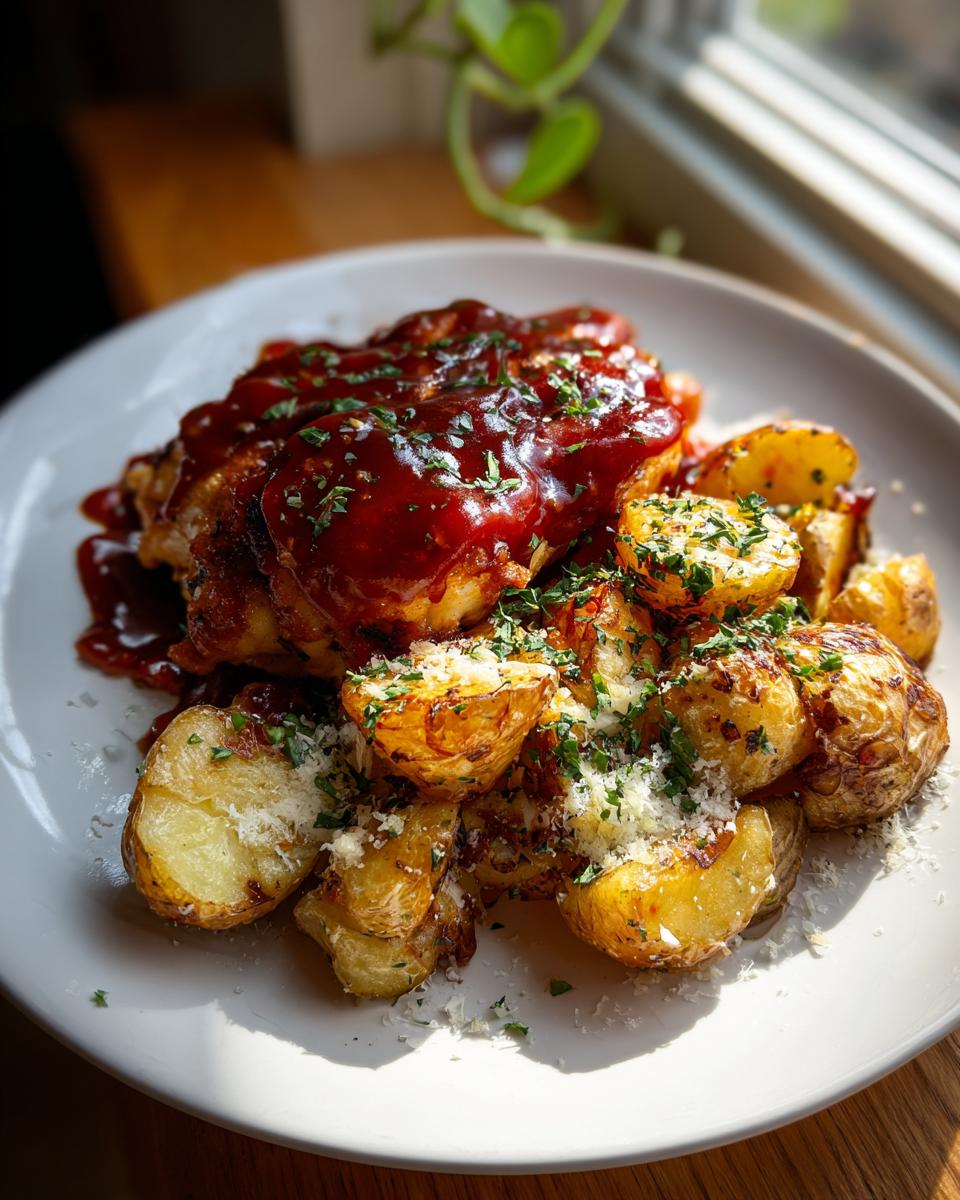 Amazing Honey BBQ Chicken & 50 Min Meal 4 A plate of Honey BBQ Chicken and Garlic Parmesan Potatoes, garnished with parsley and cheese.