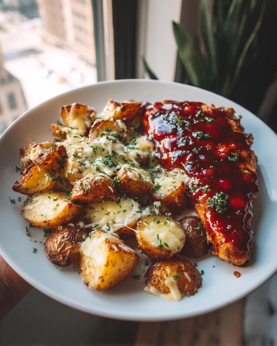 Amazing Honey BBQ Chicken & 50 Min Meal 5 A plate of Honey BBQ Chicken and Garlic Parmesan Potatoes, garnished with parsley.