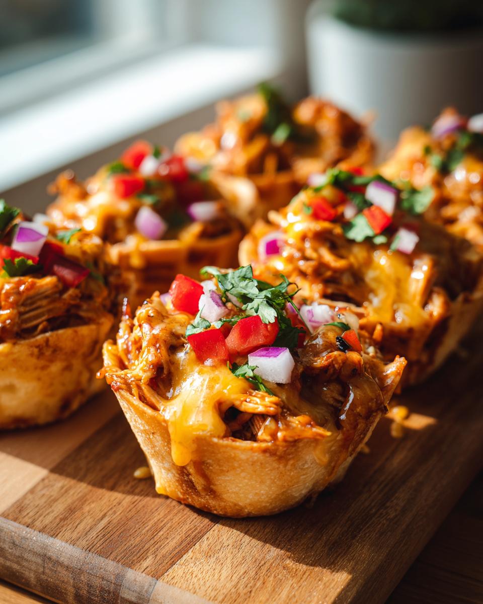 Amazing Honey Chipotle Chicken Taco Cups Now 4 Close-up of delicious Honey Chipotle Chicken Taco Cups topped with melted cheese, diced tomatoes, red onion, and cilantro.