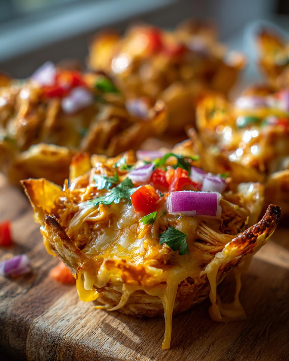 Amazing Honey Chipotle Chicken Taco Cups Now 5 Close-up of a delicious Honey Chipotle Chicken Taco Cup, overflowing with shredded chicken, melted cheese, and fresh toppings.