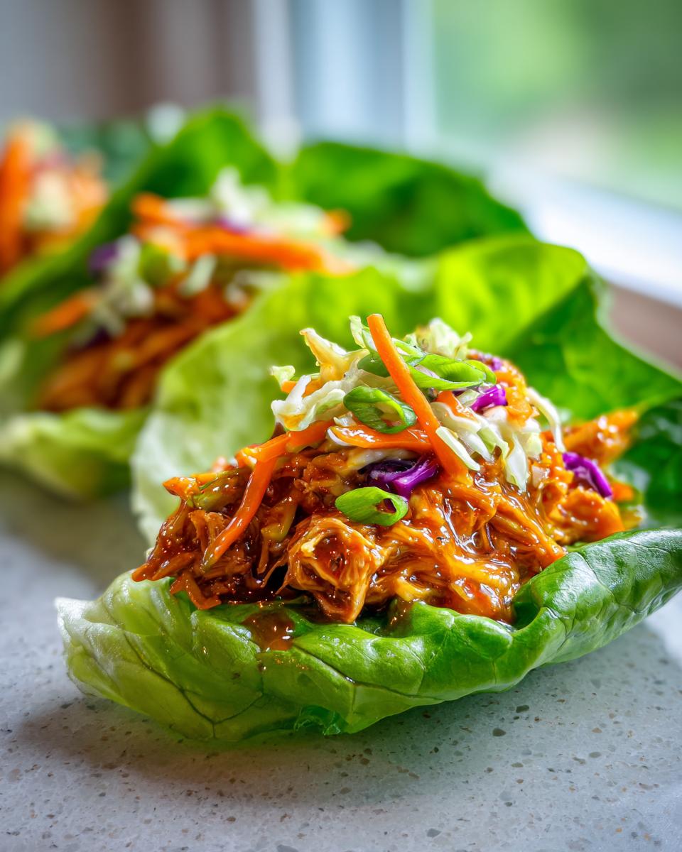 Amazing Honey Garlic Chicken Lettuce Wraps 4 Close-up of a honey garlic chicken lettuce wrap filled with shredded chicken and topped with shredded carrots and green onions.