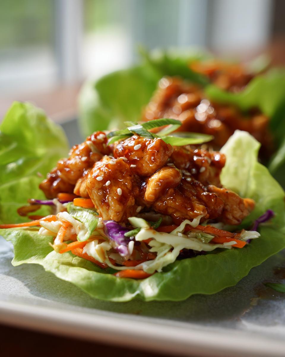 Amazing Honey Garlic Chicken Lettuce Wraps 5 Close-up of delicious honey garlic chicken lettuce wraps filled with shredded vegetables and topped with sesame seeds and green onions.