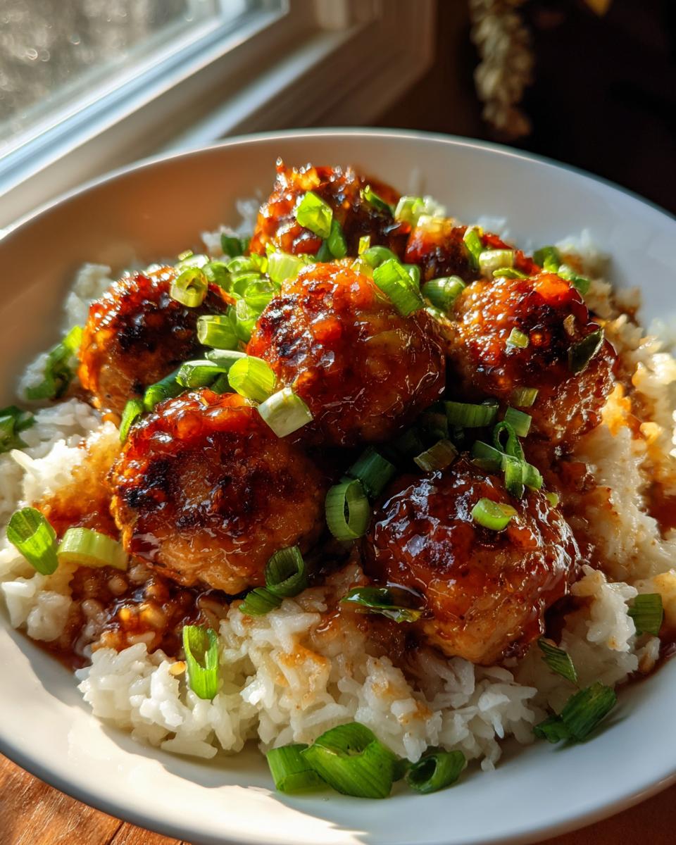 Amazing Honey Garlic Chicken Meatballs in 40 Mins 5 A close-up of glistening honey garlic chicken meatballs served over white rice and garnished with chopped green onions.