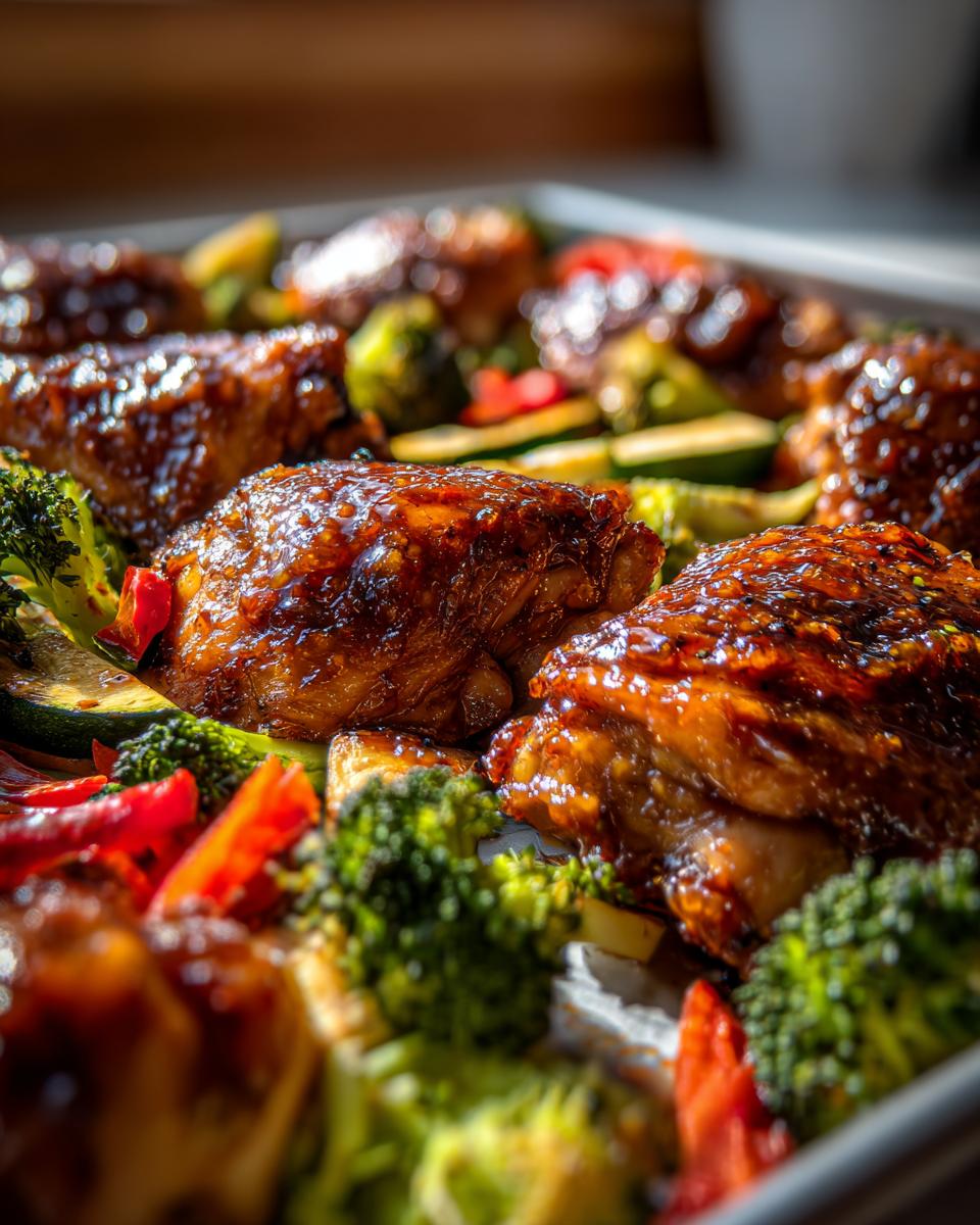 Amazing Honey Garlic Chicken Thighs in 30 Mins 4 Close-up of juicy honey garlic chicken thighs baked on a sheet pan with broccoli, zucchini, and red peppers.