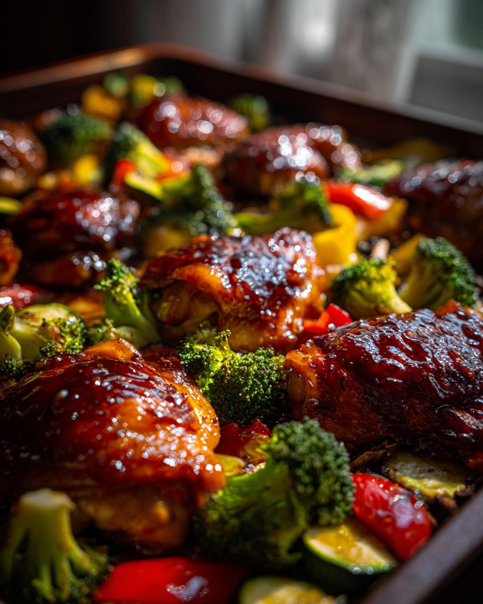 Amazing Honey Garlic Chicken Thighs in 30 Mins 5 Close-up of glistening honey garlic chicken thighs baked with broccoli, bell peppers, and zucchini.