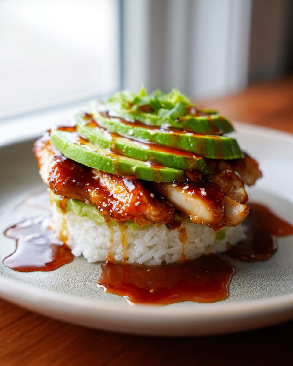 Amazing 30-Min Honey Lime Chicken Avocado Stack 5 A close-up of a honey lime chicken avocado rice stack, featuring glazed chicken, sliced avocado, and white rice, drizzled with sauce.