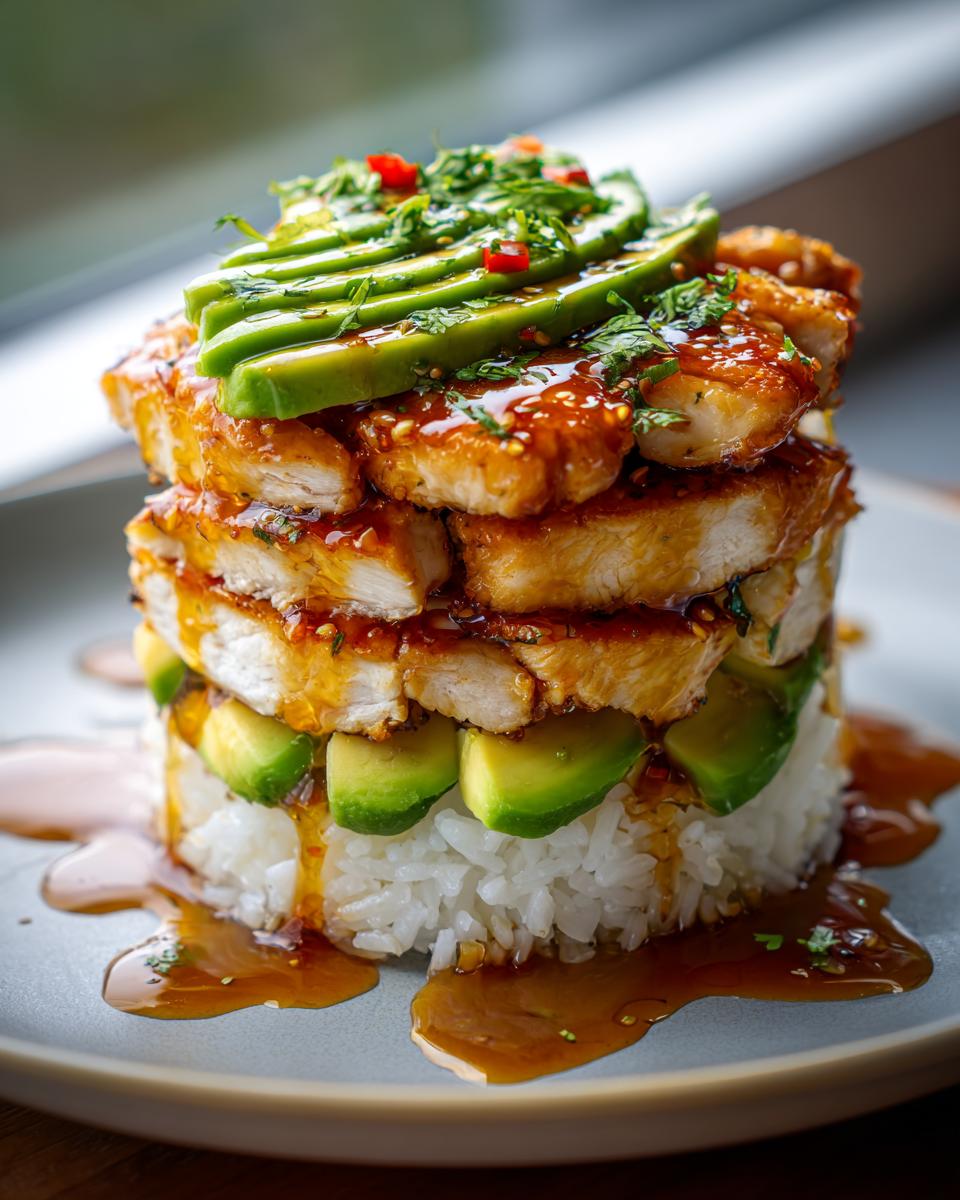Amazing 30-Min Honey Lime Chicken Avocado Stack 4 A tall stack of honey lime chicken, avocado slices, and white rice, drizzled with sauce.
