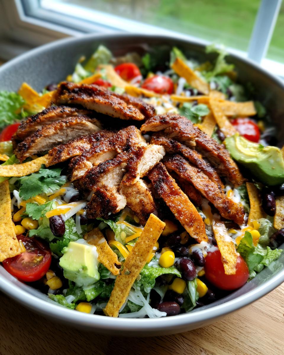 Amazing Honey Lime Chicken Taco Salad 5 A vibrant Honey Lime Chicken Taco Salad in a bowl, topped with sliced grilled chicken, avocado, tomatoes, corn, beans, and tortilla strips.