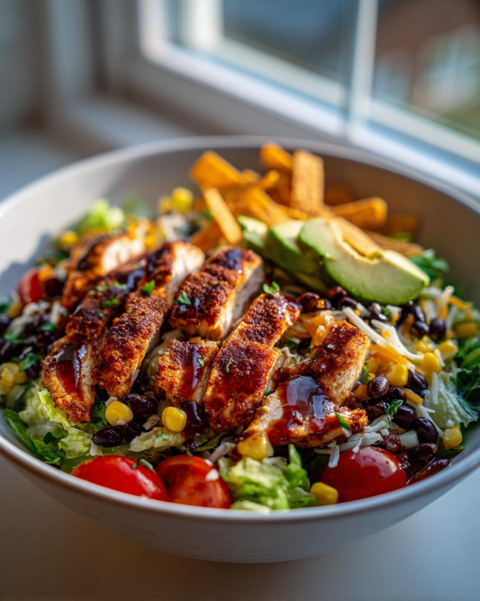 Amazing Honey Lime Chicken Taco Salad 4 A vibrant bowl of Honey Lime Chicken Taco Salad with sliced chicken, black beans, corn, avocado, and tomatoes.