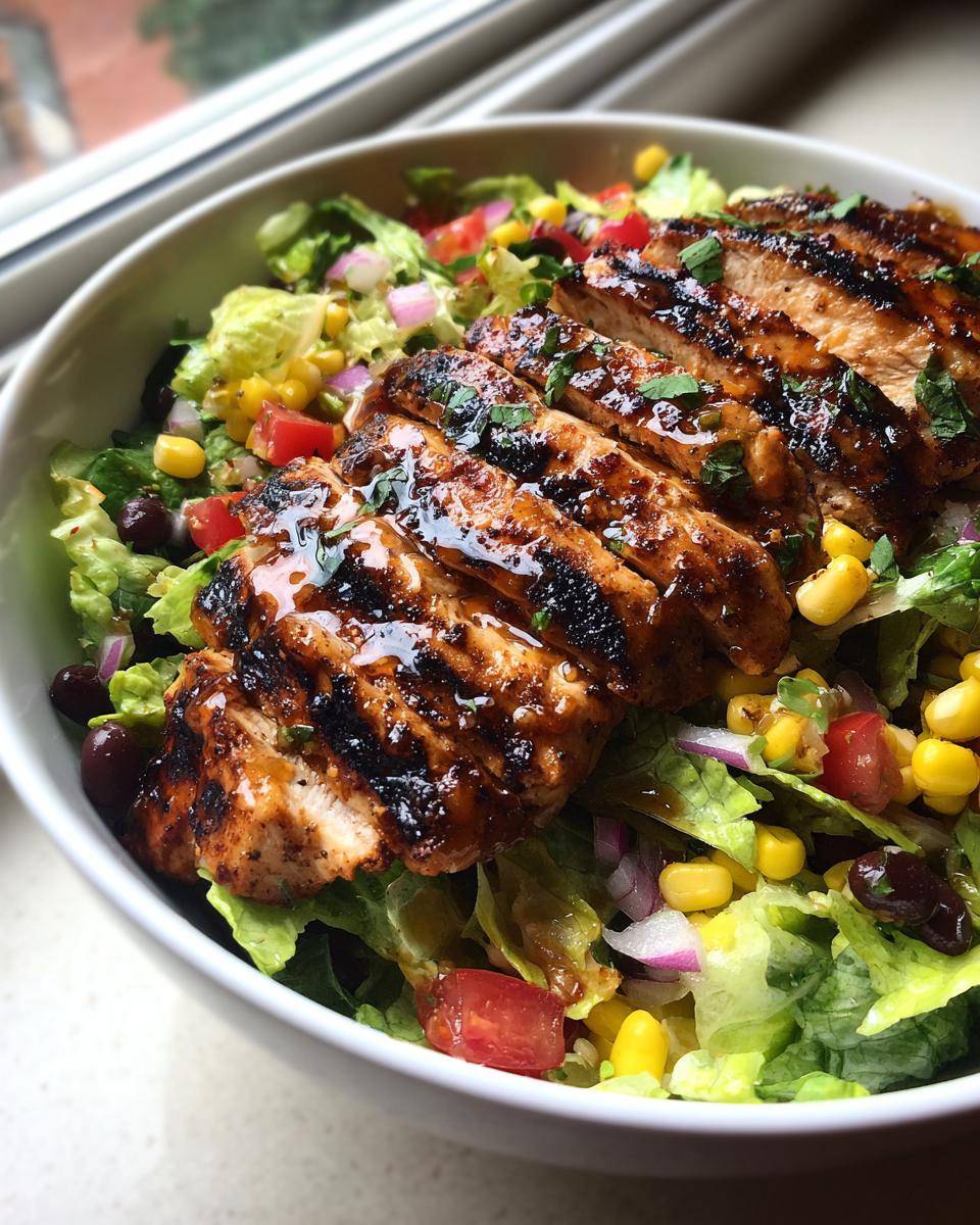 Amazing Honey Lime Grilled Chicken Salad 4 A close-up of a delicious honey lime grilled chicken salad with sliced grilled chicken, lettuce, corn, tomatoes, and red onion.