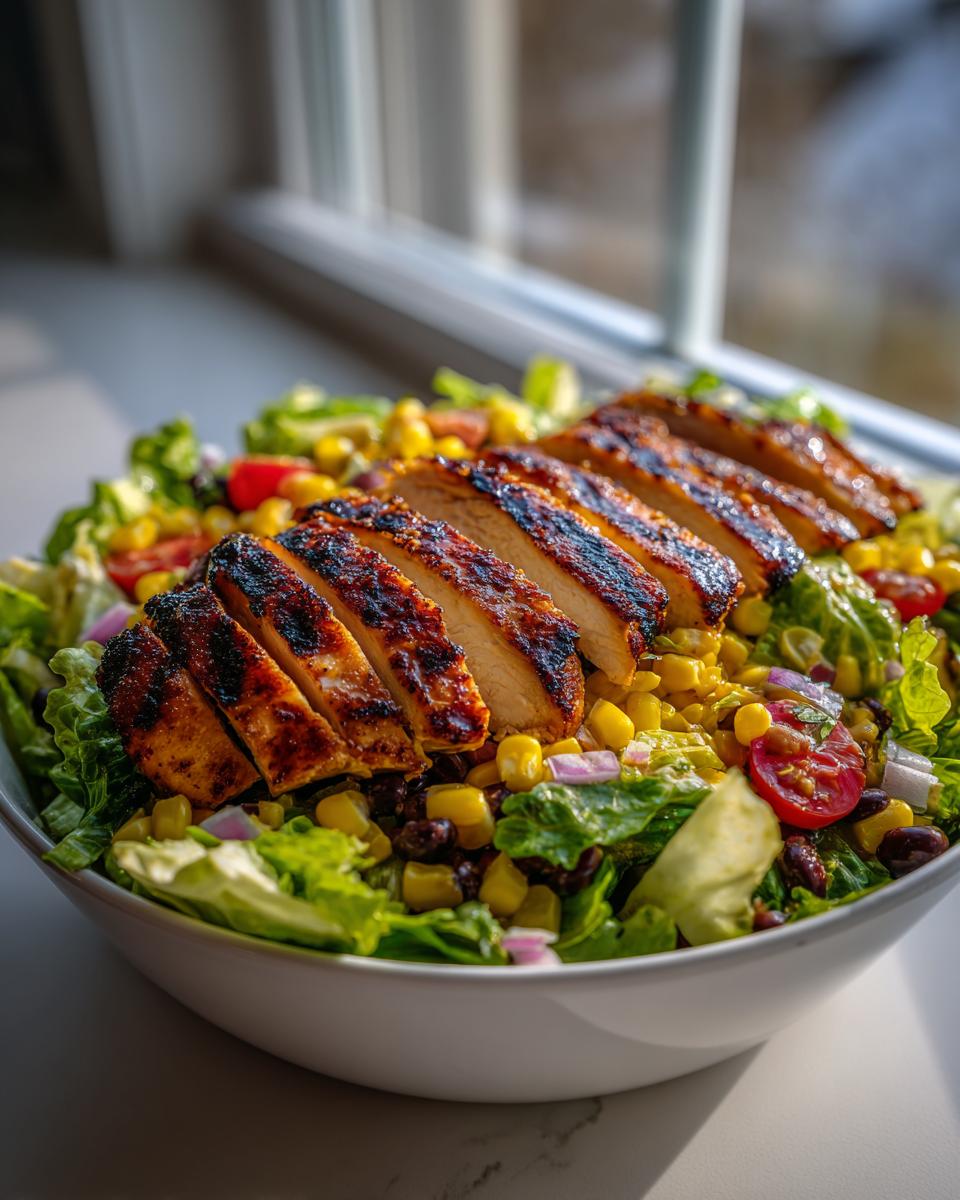 Amazing Honey Lime Grilled Chicken Salad 5 A delicious honey lime grilled chicken salad in a bowl, featuring sliced grilled chicken, corn, black beans, tomatoes, and lettuce.