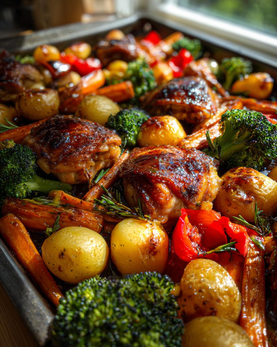 Amazing honey mustard chicken traybake: 1 pan 4 Close-up of a honey mustard chicken traybake with roasted chicken thighs, potatoes, carrots, broccoli, and red peppers.