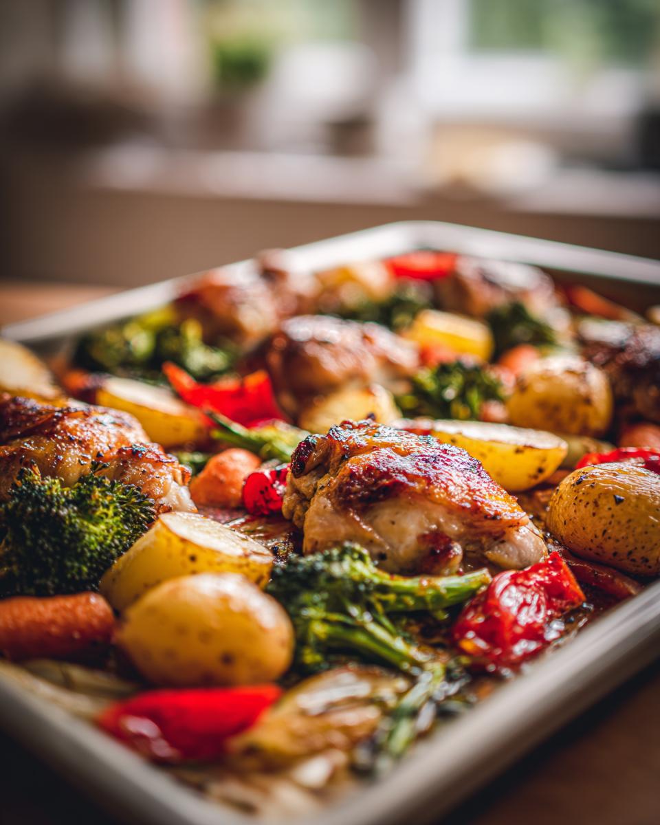 Amazing honey mustard chicken traybake: 1 pan 5 Close-up of a honey mustard chicken traybake with roasted chicken pieces, potatoes, broccoli, and red peppers.