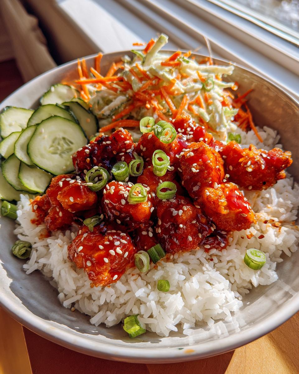Amazing Honey Sriracha Chicken Rice Bowls in 40 Mins 4 A close-up of delicious honey sriracha chicken rice bowls, featuring glazed chicken, white rice, sliced cucumbers, and a fresh slaw.