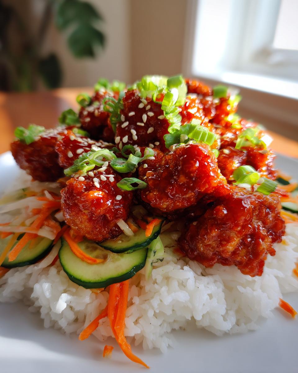 Amazing Honey Sriracha Chicken Rice Bowls in 40 Mins 5 A close-up of honey sriracha chicken rice bowls, featuring glistening chicken pieces over rice with shredded vegetables and sesame seeds.