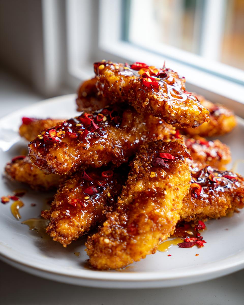 Amazing Hot Honey Chicken Tenders Bliss 4 A close-up shot of crispy hot honey chicken tenders drizzled with glaze and topped with red chili flakes.