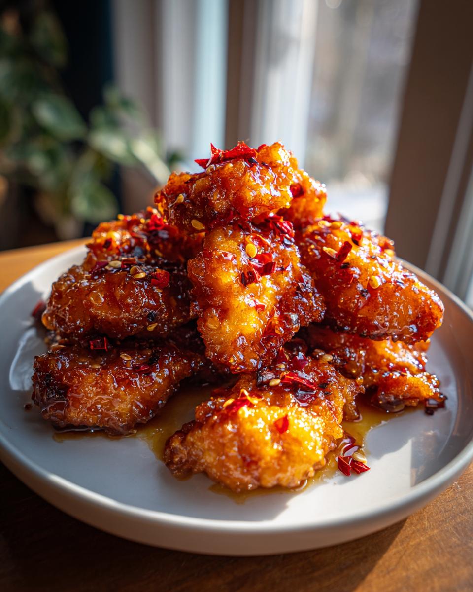 Amazing Hot Honey Chicken Tenders Bliss 5 A close-up of a stack of delicious hot honey chicken tenders, glistening with sauce and topped with red pepper flakes.