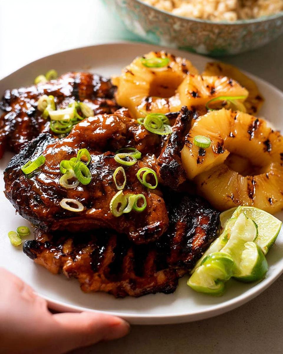 Irresistible Huli Huli Chicken with Pineapple Glaze 4 A plate of Huli Huli Chicken with grilled pineapple rings and lime wedges, garnished with green onions.