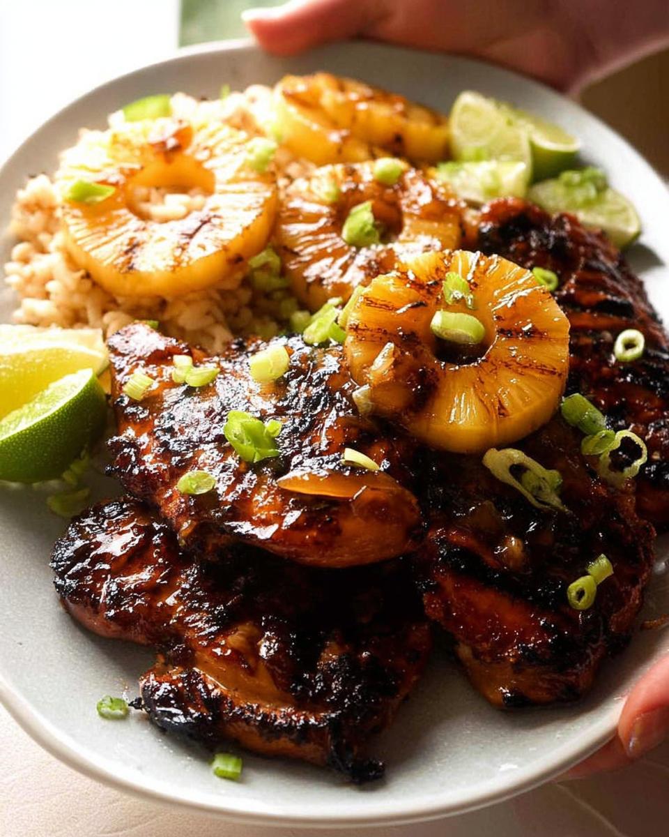 Irresistible Huli Huli Chicken with Pineapple Glaze 5 A plate of Huli Huli Chicken with Pineapple Glaze, served with rice and lime wedges.