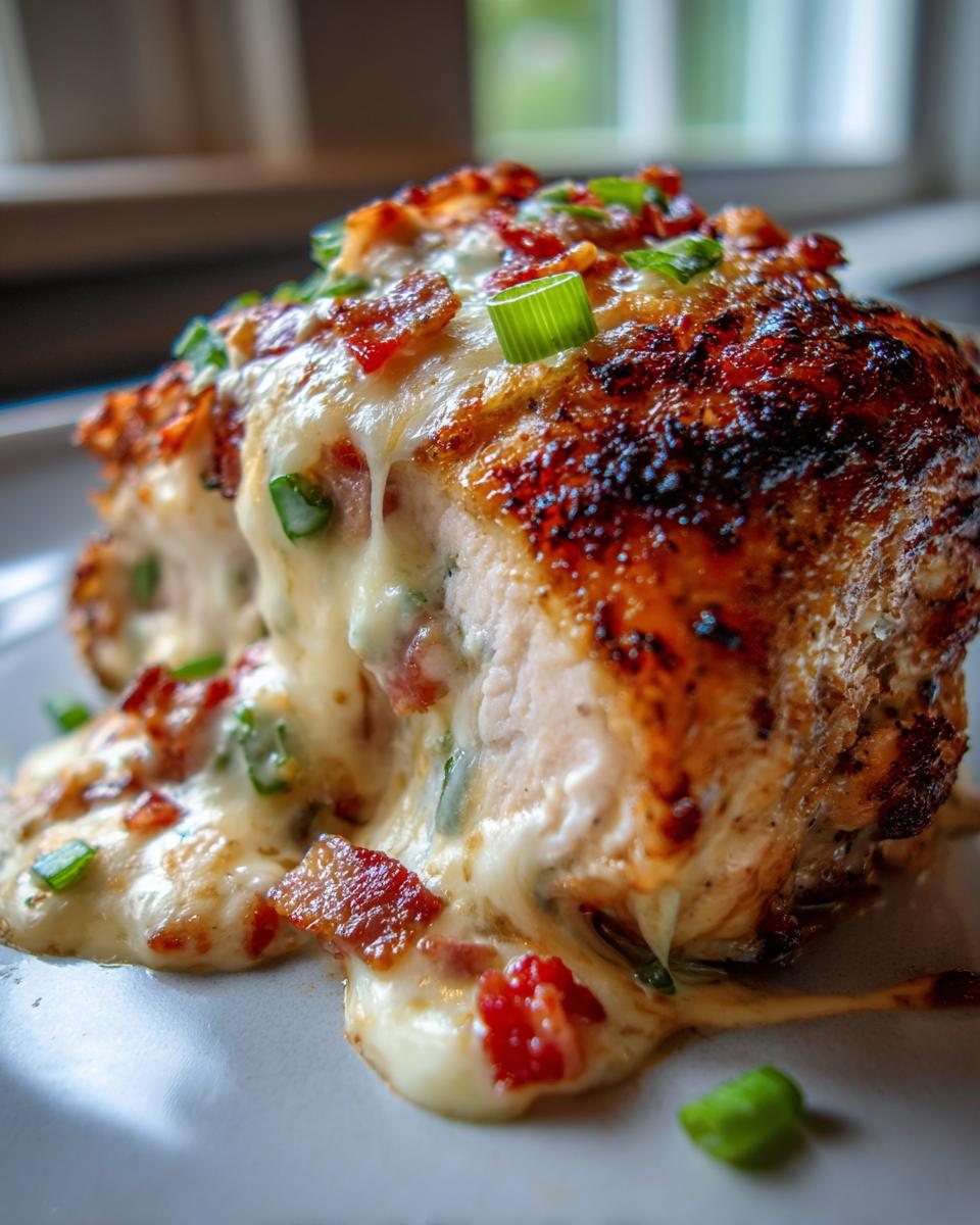 Amazing Jalapeño Popper Stuffed Chicken 40 Min 5 Close-up of a juicy jalapeno popper stuffed chicken breast, oozing with melted cheese and topped with crispy bacon bits and green onions.