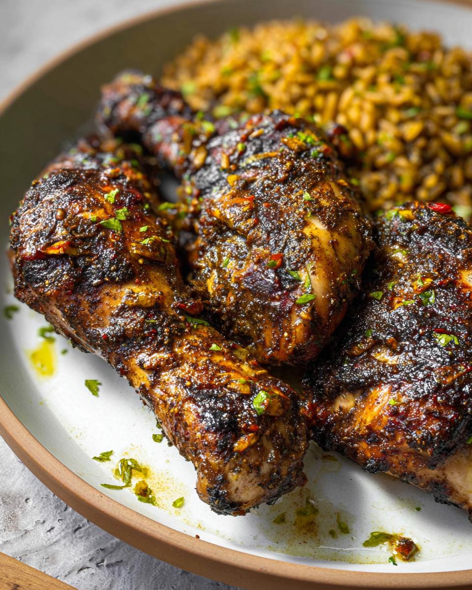 Authentic Jamaican Jerk Chicken with Citrus Spice in 6 Steps 4 Close-up of three succulent Jamaican Jerk Chicken pieces with a flavorful citrus spice marinade, served with rice.