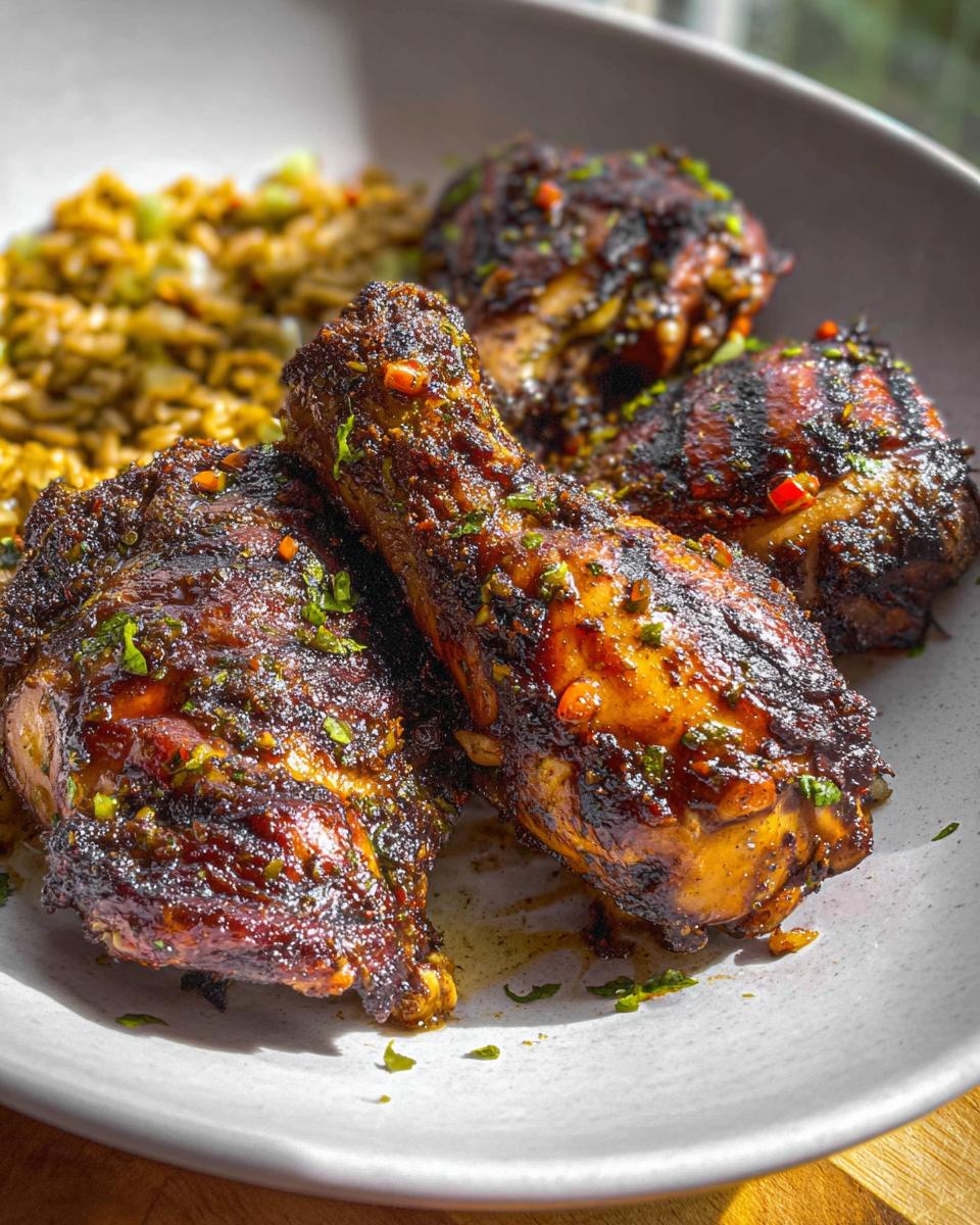 Authentic Jamaican Jerk Chicken with Citrus Spice in 6 Steps 5 Close-up of flavorful Jamaican Jerk Chicken with Citrus Spice, garnished with herbs and served with rice.