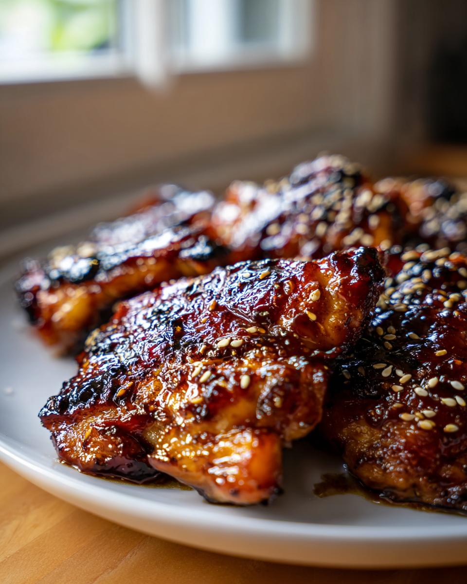6 Amazing Japanese BBQ Chicken Thighs with Sweet Soy Glaze 4 Close-up of glistening Japanese BBQ chicken thighs coated in a sweet soy glaze and sprinkled with sesame seeds.