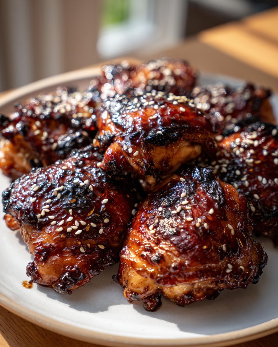 6 Amazing Japanese BBQ Chicken Thighs with Sweet Soy Glaze 5 A close-up of glistening Japanese BBQ chicken thighs with a sweet soy glaze, sprinkled with sesame seeds.