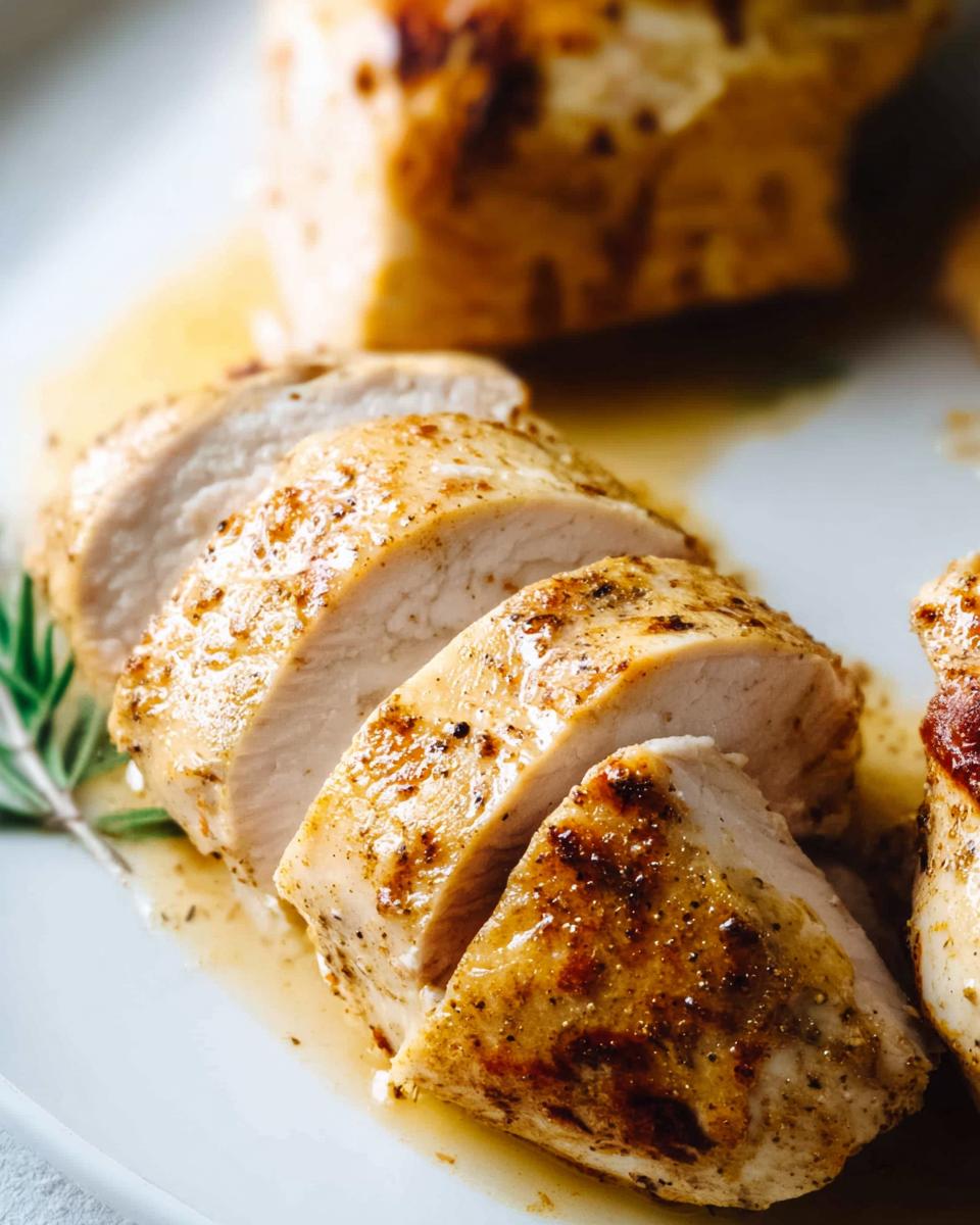The Ultimate Juicy Crockpot Chicken Breast Recipe 4 Close-up of sliced juicy crockpot chicken breast, seasoned and glistening with juices.