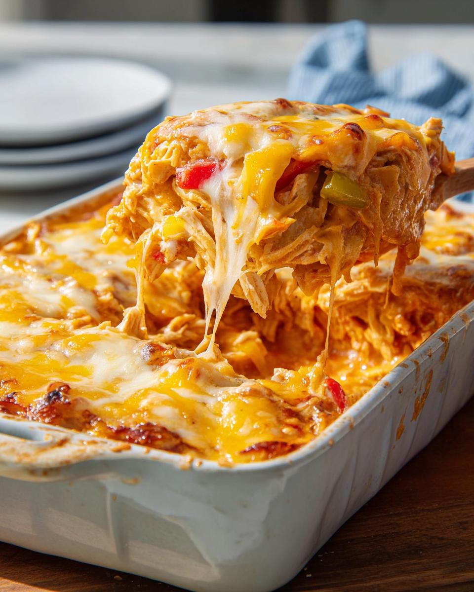 Irresistible King Ranch Chicken Casserole for 8 5 A scoop of cheesy King Ranch Chicken Casserole being lifted from a baking dish, showing melted cheese strings.