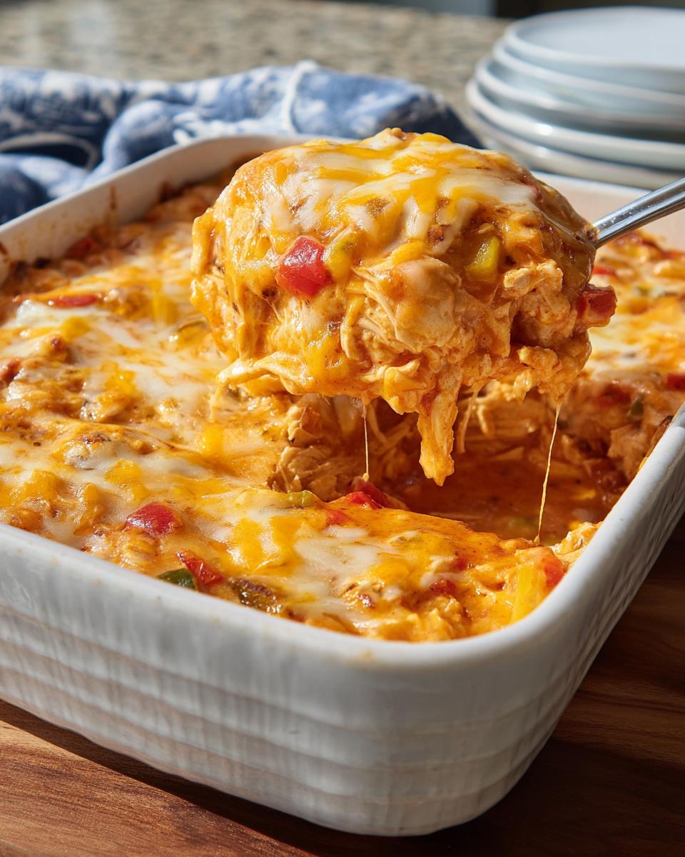Irresistible King Ranch Chicken Casserole for 8 4 A serving spoon lifts a cheesy, saucy portion of King Ranch Chicken Casserole from a white baking dish.