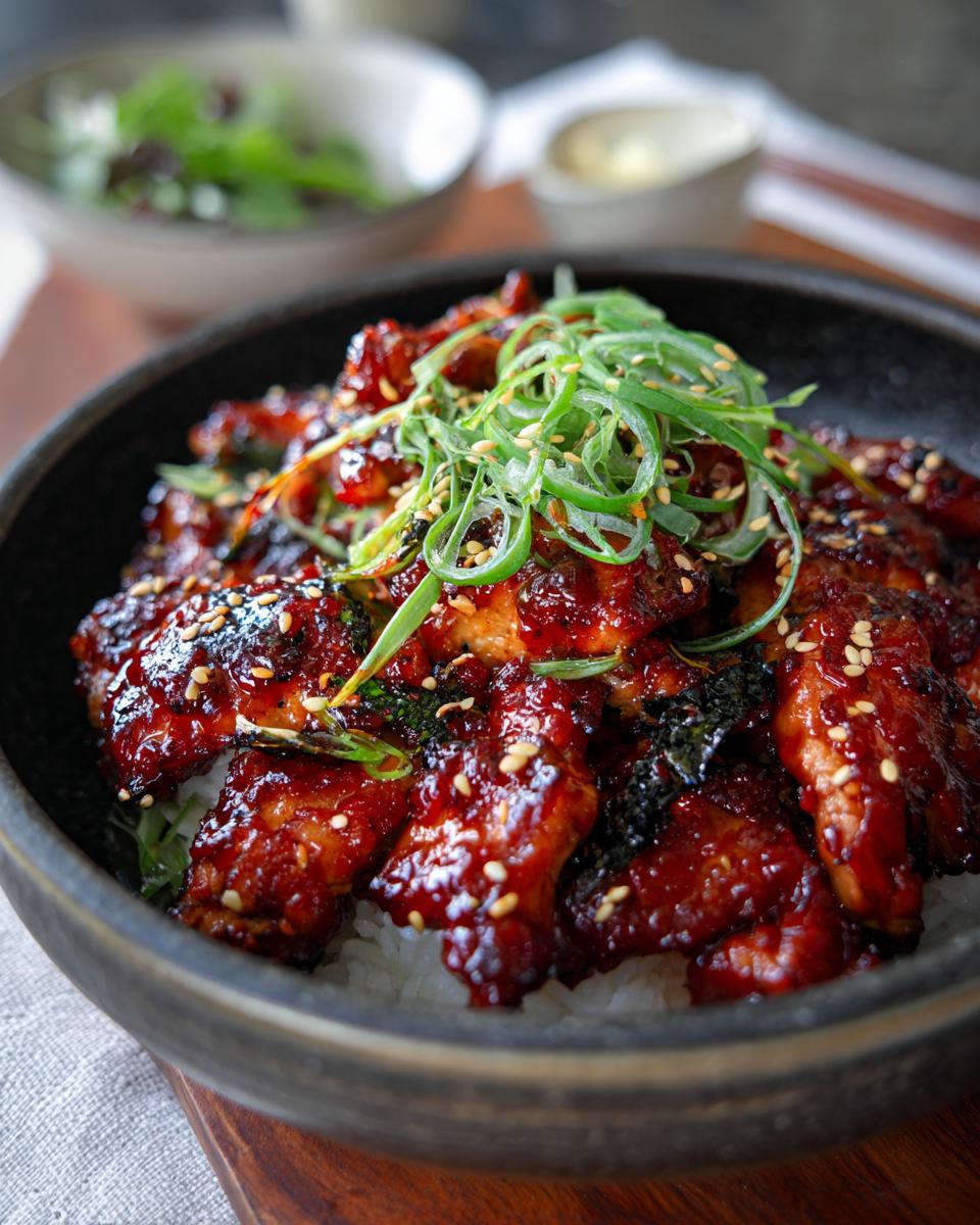 30-Minute Korean BBQ Chicken Bulgogi with Glorious Char 5 A close-up of Korean BBQ Chicken Bulgogi served over white rice in a dark bowl, garnished with green onions and sesame seeds.