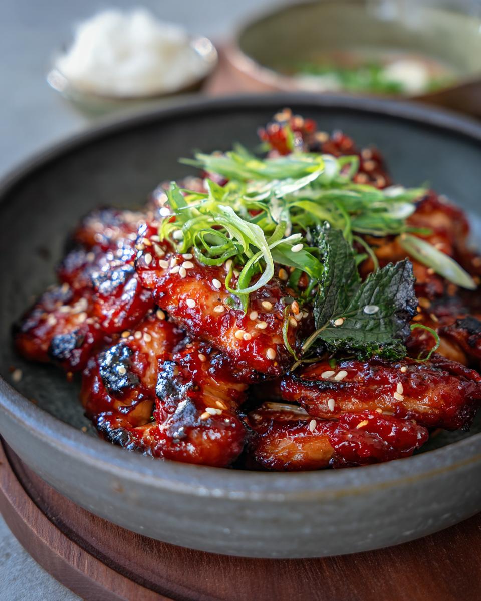 30-Minute Korean BBQ Chicken Bulgogi with Glorious Char 4 Close-up of Korean BBQ Chicken Bulgogi in a bowl, glistening with a charred glaze and topped with sesame seeds and green onions.