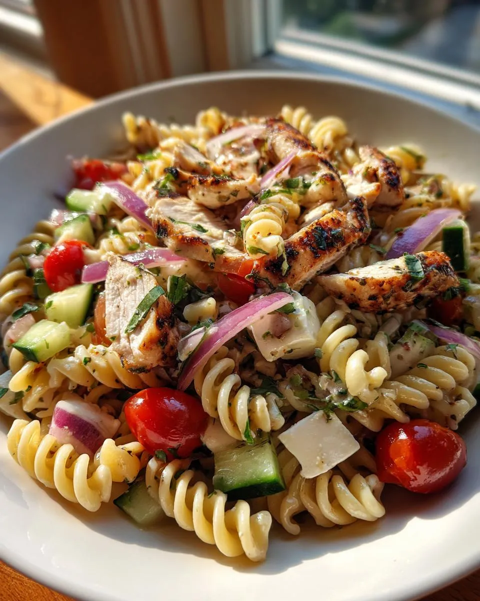 Amazing Lemon Basil Chicken Pasta Salad 40 Min 4 A close-up of a bowl of lemon basil chicken pasta salad, featuring fusilli pasta, grilled chicken, cherry tomatoes, cucumber, red onion, and cheese.