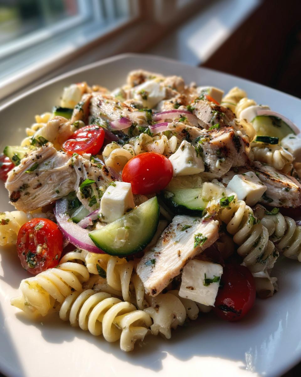 Amazing Lemon Basil Chicken Pasta Salad 40 Min 5 A close-up of lemon basil chicken pasta salad featuring grilled chicken, rotini pasta, cherry tomatoes, cucumber, red onion, and feta cheese.