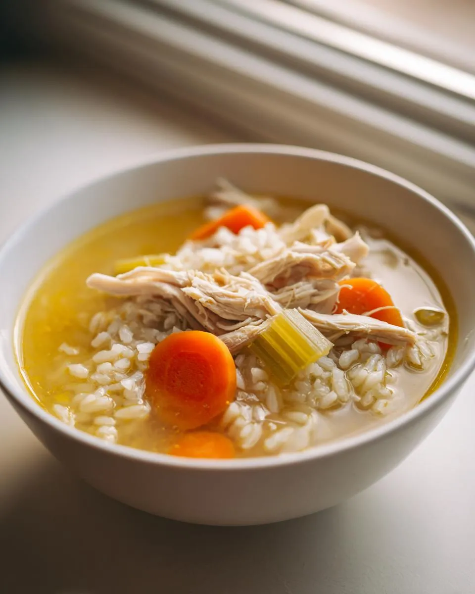 Amazing Lemon Chicken Rice Soup Recipe 4 A close-up of a bowl of comforting lemon chicken rice soup, featuring shredded chicken, rice, carrots, and celery.