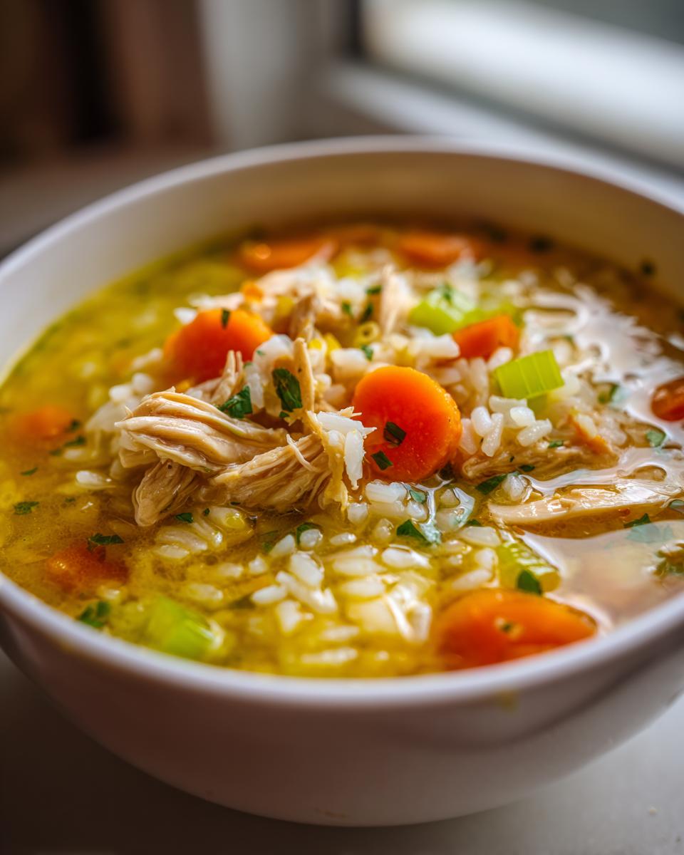 Amazing Lemon Chicken Rice Soup Recipe 5 A close-up of a bowl of lemon chicken rice soup, filled with shredded chicken, rice, carrots, and celery.