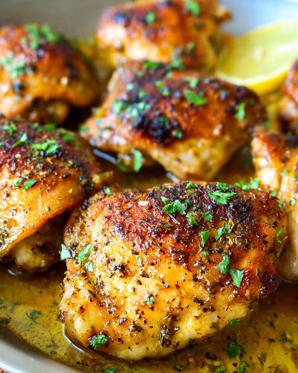 Transform 8 Juicy Lemon Garlic Baked Italian Chicken Thighs 4 Close-up of juicy Lemon Garlic Baked Italian Chicken Thighs, garnished with fresh parsley and a lemon wedge.