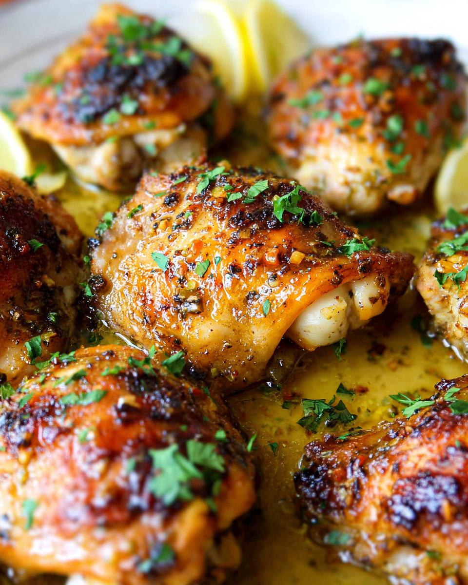 Transform 8 Juicy Lemon Garlic Baked Italian Chicken Thighs 5 Close-up of golden-brown Lemon Garlic Baked Italian Chicken Thighs, glistening with sauce and sprinkled with parsley.