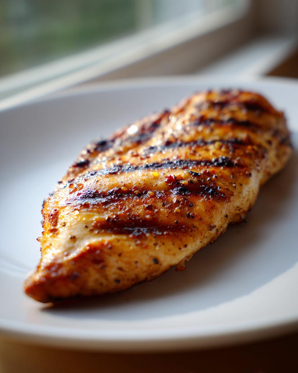 Zesty lemon pepper grilled chicken: 7 mins 4 A close-up of a perfectly grilled lemon pepper chicken breast on a white plate, showing grill marks and seasoning.