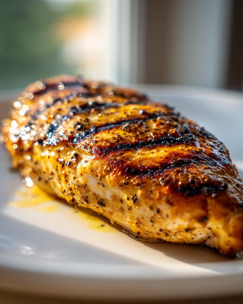 Zesty lemon pepper grilled chicken: 7 mins 5 Close-up of a perfectly grilled lemon pepper chicken breast on a white plate, with visible grill marks and seasoning.