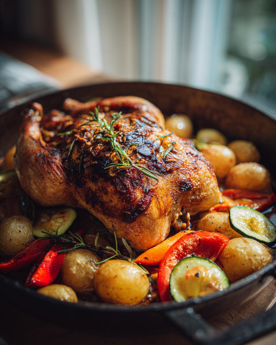 Amazing Lemon Rosemary Roast Chicken: 60 Min 4 A golden-brown Lemon Rosemary Roast Chicken nestled in a cast-iron skillet with roasted potatoes, bell peppers, and zucchini.