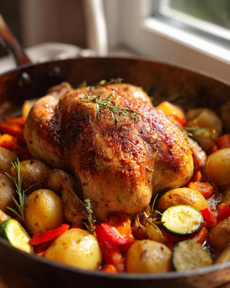 Amazing Lemon Rosemary Roast Chicken: 60 Min 5 A golden brown Lemon Rosemary Roast Chicken nestled amongst roasted potatoes, carrots, zucchini, and red peppers in a skillet.