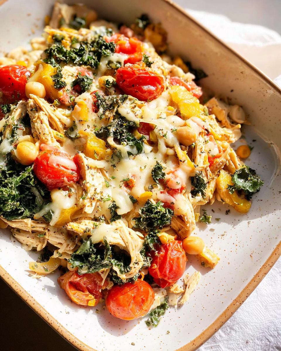Loaded Chicken Veggie Casserole Bake With 30g Protein 4 A close-up of a Loaded Chicken Veggie Casserole Bake in a dish, featuring shredded chicken, cherry tomatoes, chickpeas, kale, and melted cheese.