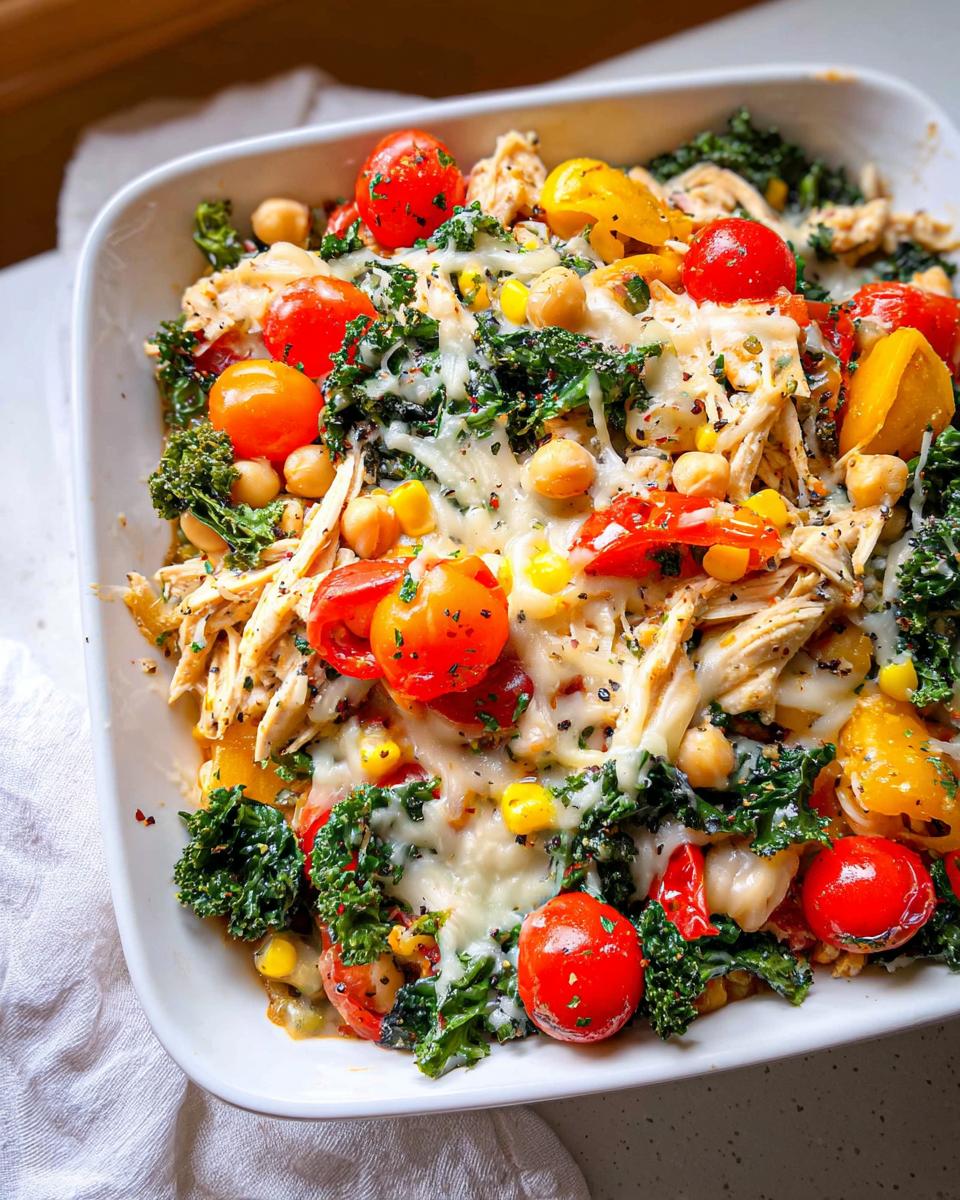 Loaded Chicken Veggie Casserole Bake With 30g Protein 5 A close-up of a Loaded Chicken Veggie Casserole Bake in a white dish, featuring shredded chicken, kale, cherry tomatoes, corn, chickpeas, and melted cheese.