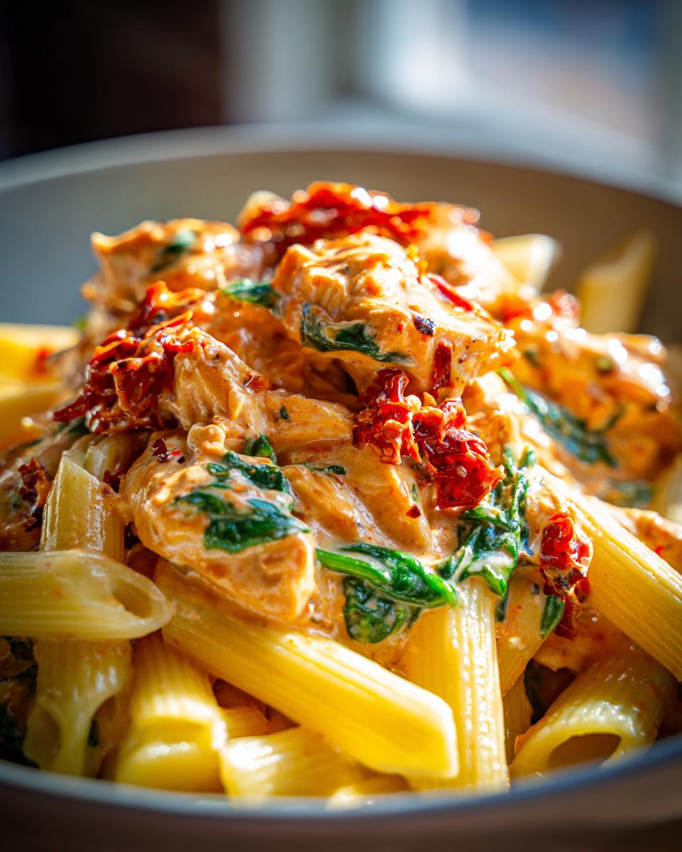 Marry Me Chicken Meal Prep: 1 Dreamy Bowl 5 Close-up of a marry me chicken meal prep bowl featuring penne pasta, creamy sauce, spinach, and sun-dried tomatoes.