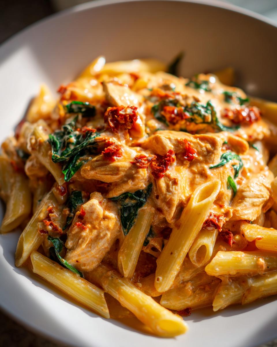 Marry Me Chicken Meal Prep: 1 Dreamy Bowl 4 A close-up of a marry me chicken meal prep bowl filled with penne pasta, creamy sauce, chicken, spinach, and sun-dried tomatoes.